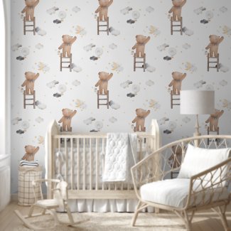 Cute Teddy Bear Reaching Stars Moon White Nursery