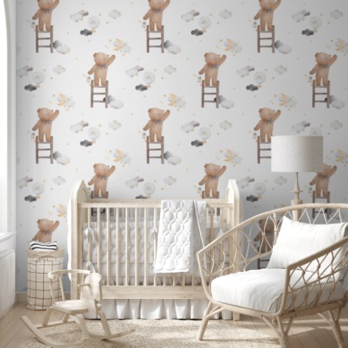 Cute Teddy Bear Reaching Stars Moon White Nursery Wallpaper