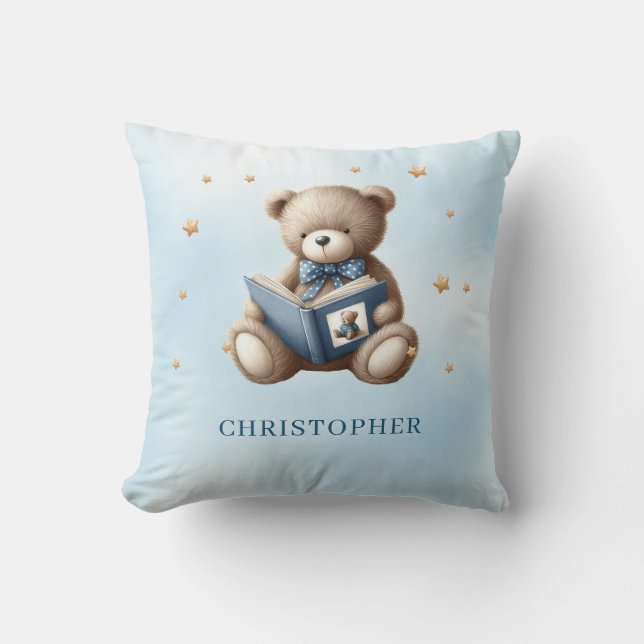 Cute teddy bear reading a book throw pillow (Front)