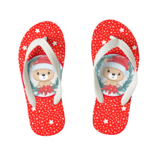 Cute Teddy Bear Red and White Stars Christmas Kid's Flip Flops