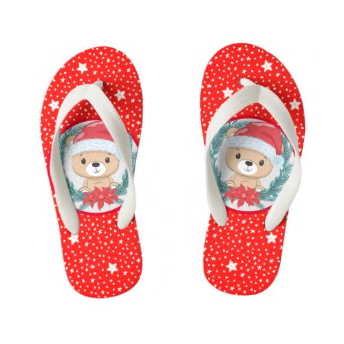Cute Teddy Bear Red and White Stars Christmas Kids Flip Flops