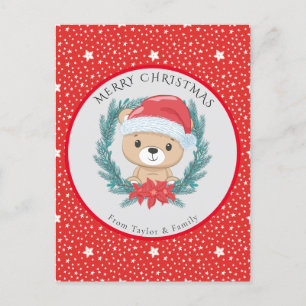 Cute Teddy Bear Red Merry Christmas Holiday Postcard
