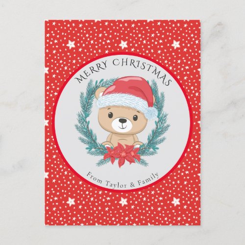 Cute Teddy Bear Red Merry Christmas  Holiday Postcard