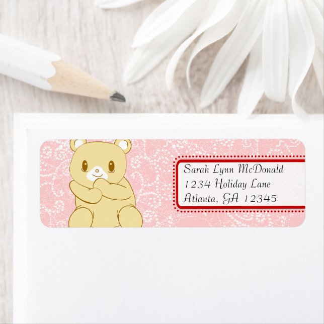 Cute Teddy Bear Red Pink Dots & Hearts Label (Insitu)