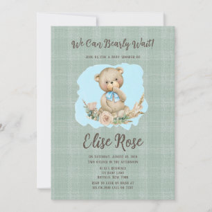 Cute Teddy Bear & Rose Laurel Boy Baby Shower Invitation