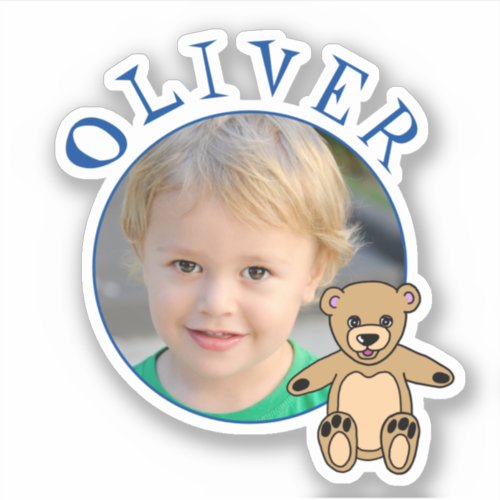 Cute Teddy Bear Round Frame Name and Photo Kids Sticker