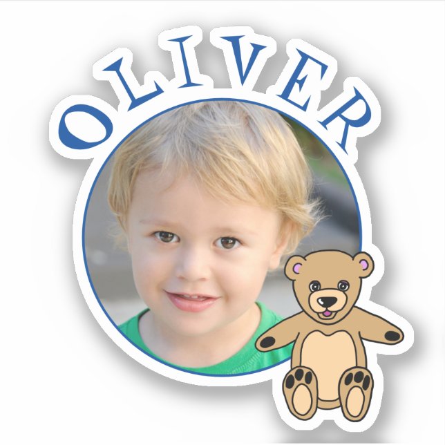 Cute Teddy Bear Round Frame Name and Photo Kids Sticker (Front)