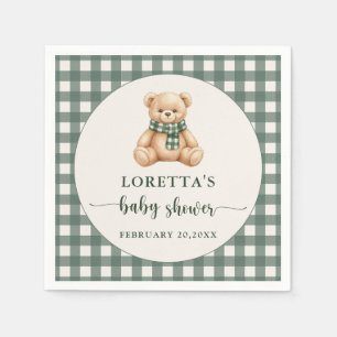 Cute Teddy Bear Rustic Green Plaid Baby Shower Napkins