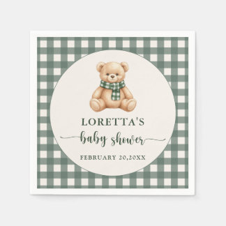 Cute Teddy Bear Rustic Green Plaid Baby Shower  Napkins