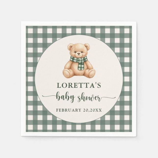 Cute Teddy Bear Rustic Green Plaid Baby Shower  Napkins (Front)