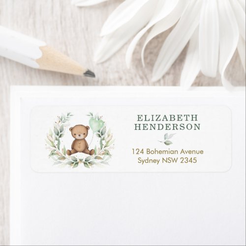 Cute Teddy Bear Sage Greenery Gold Balloon Address Label