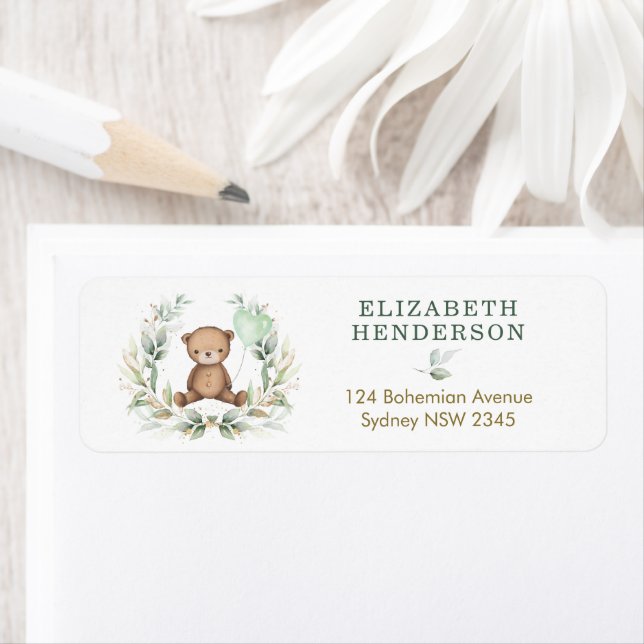Cute Teddy Bear Sage Greenery Gold Balloon Address Label (Insitu)