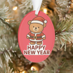Cute Teddy Bear Santa Happy New Year Sticker Ornament