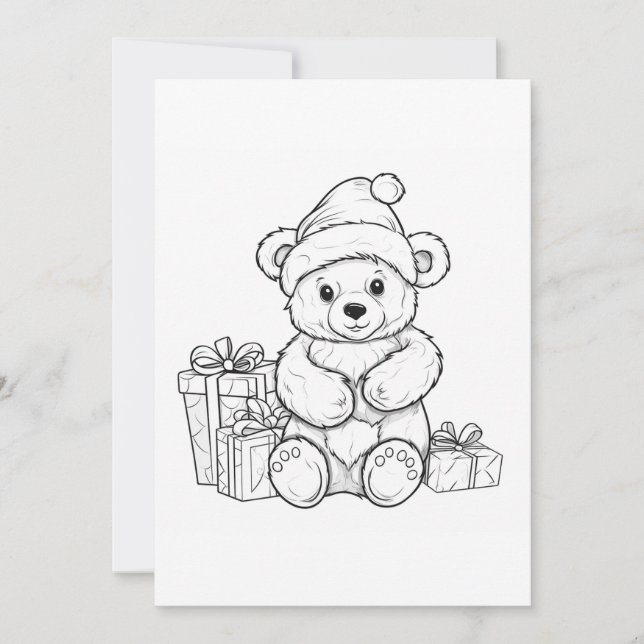 Cute Teddy Bear Santa Kids Coloring Christmas  Holiday Card (Front)
