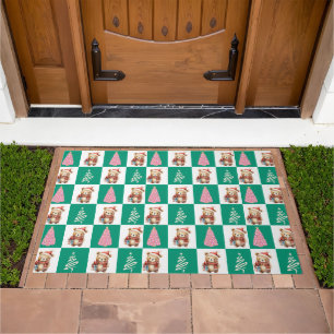 Cute teddy Bear Santa Merry Christmas tree party Doormat