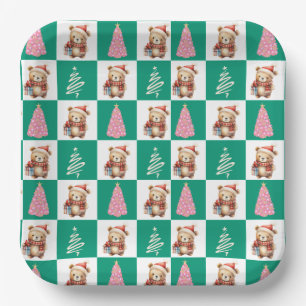Cute teddy Bear Santa Merry Christmas tree party Paper Plates