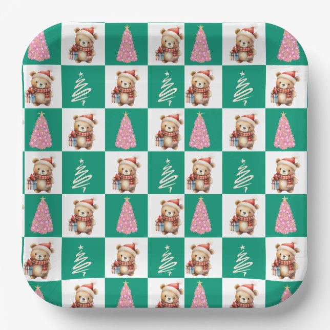 Cute teddy Bear Santa Merry Christmas tree party Paper Plates (Front)