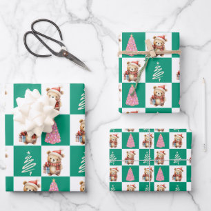 Cute teddy Bear Santa Merry Christmas tree party Wrapping Paper Sheets