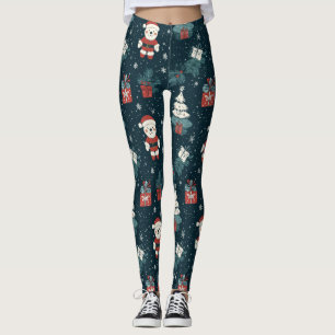 Cute Teddy Bear & Santa on Dark Green (1) Leggings