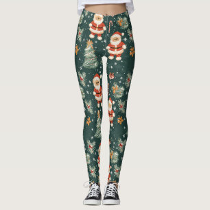 Cute Teddy Bear & Santa on Dark Green (2) Leggings
