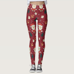 Cute Teddy Bear & Santa on Red (1) Leggings
