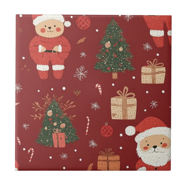 Cute Teddy Bear & Santa on Red (2) Ceramic Tile (Front)