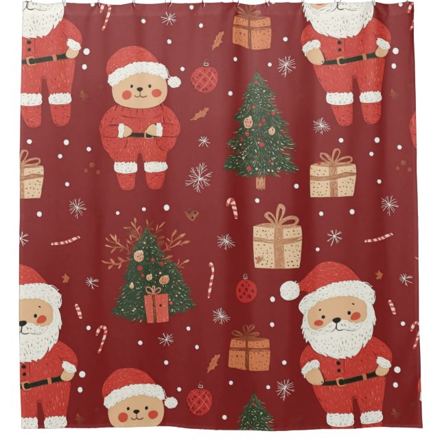 Cute Teddy Bear & Santa on Red (2) Shower Curtain (Front)