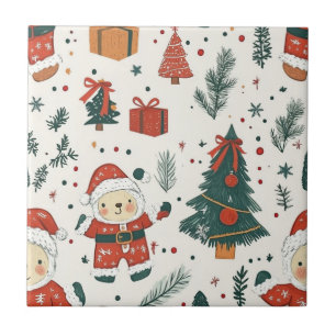 Cute Teddy Bear & Santa on White (1) Ceramic Tile