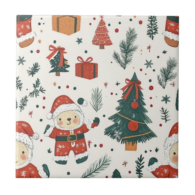 Cute Teddy Bear & Santa on White (1) Ceramic Tile (Front)