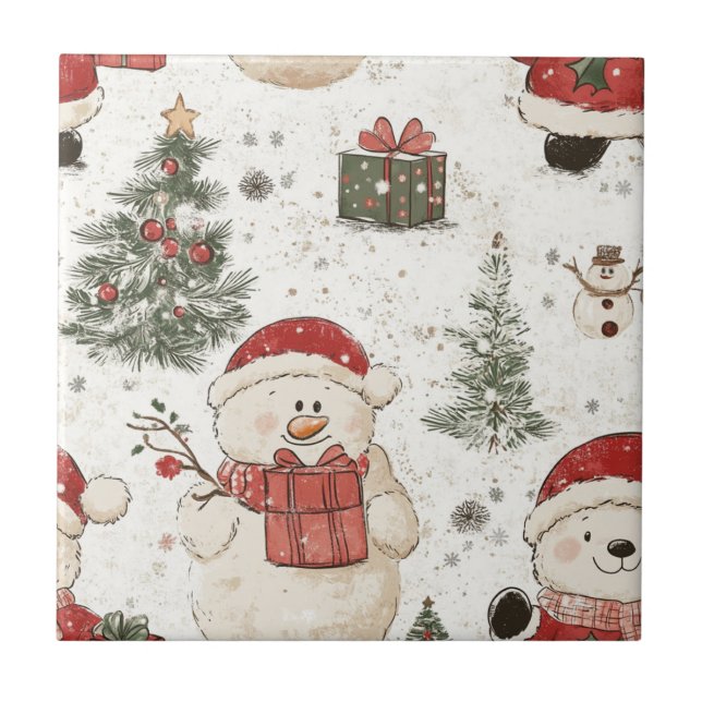 Cute Teddy Bear & Santa on White (2) Ceramic Tile (Front)