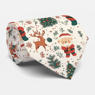 Cute Teddy Bear & Santa on White (4) Neck Tie