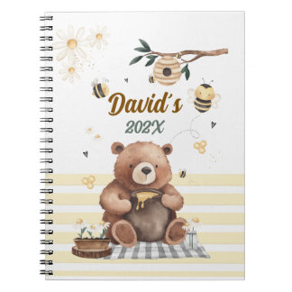 Cute teddy bear school notebook with jar of honey