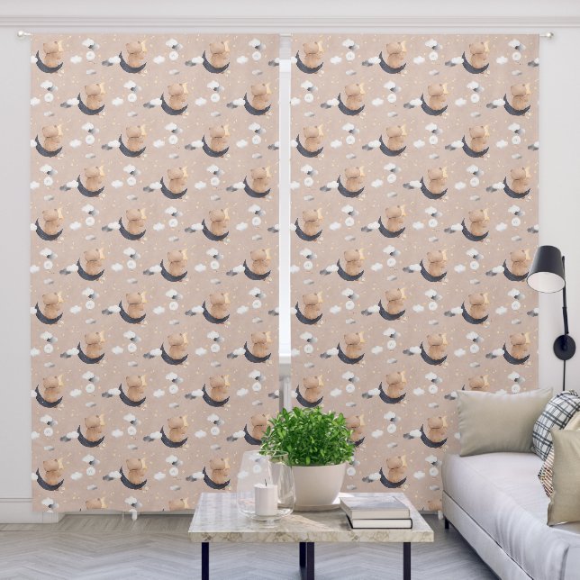 Cute Teddy Bear Sitting On Moon Soft Amber Blackout Curtains (Living Room)