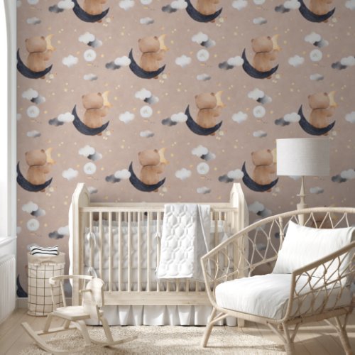 Cute Teddy Bear Sitting On Moon Soft Amber Nursery Wallpaper