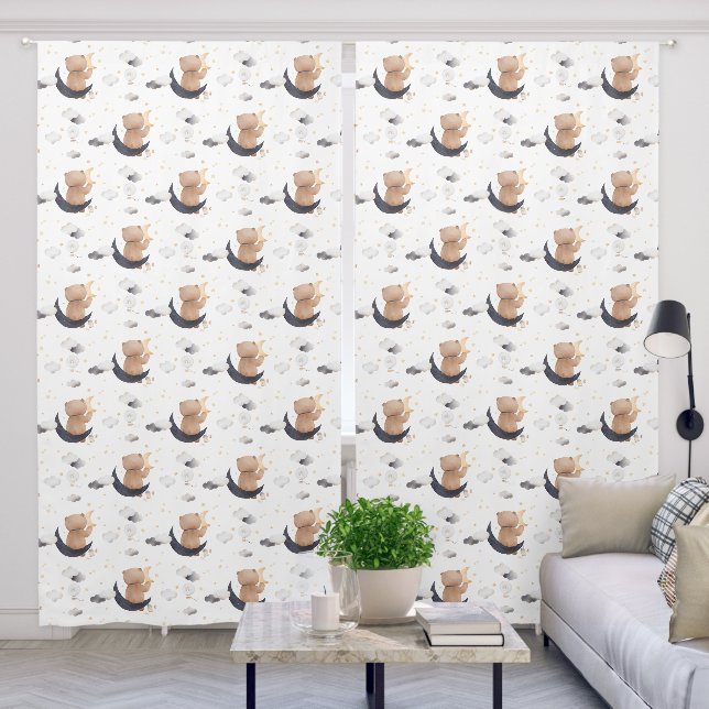 Cute Teddy Bear Sitting On Moon White Nursery Blackout Curtains (Living Room)