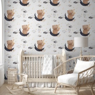 Cute Teddy Bear Sitting On Moon White Nursery