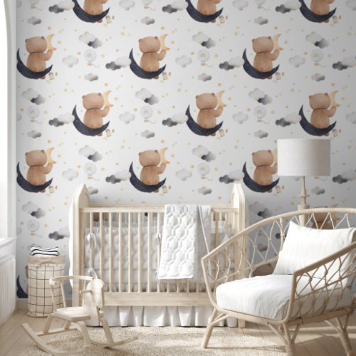 Cute Teddy Bear Sitting On Moon White Nursery Wallpaper