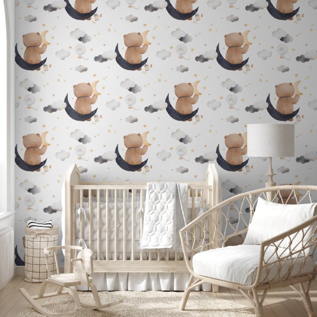 Cute Teddy Bear Sitting On Moon White Nursery Wallpaper (Kids)