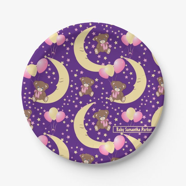 Cute Teddy Bear Sitting on the Moon Pattern Paper Plates (Front)