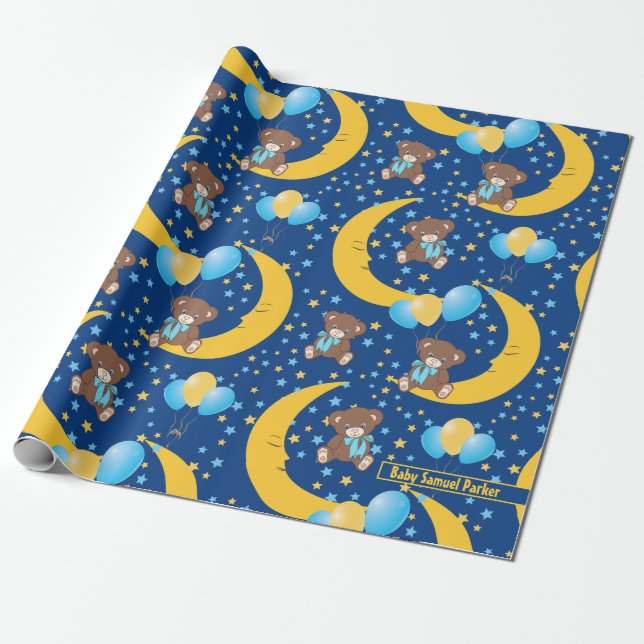 Cute Teddy Bear Sitting on the Moon Pattern Wrapping Paper (Unrolled)