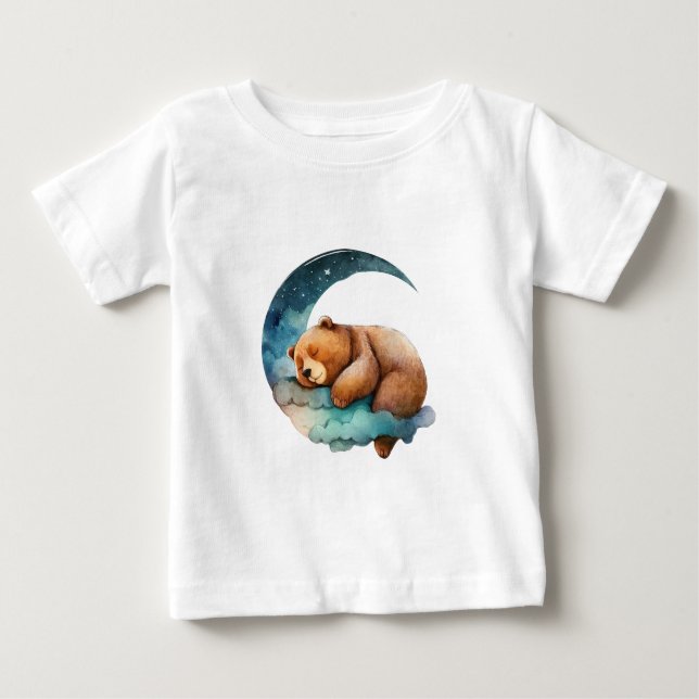 Cute Teddy Bear Sleeping on the Crescent Moon Baby T-Shirt (Front)
