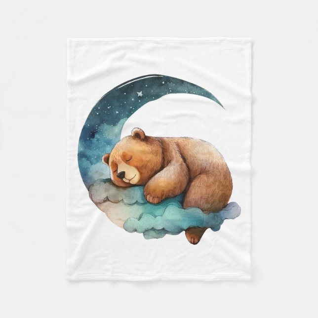 Cute Teddy Bear Sleeping on the Crescent Moon Fleece Blanket (Front)