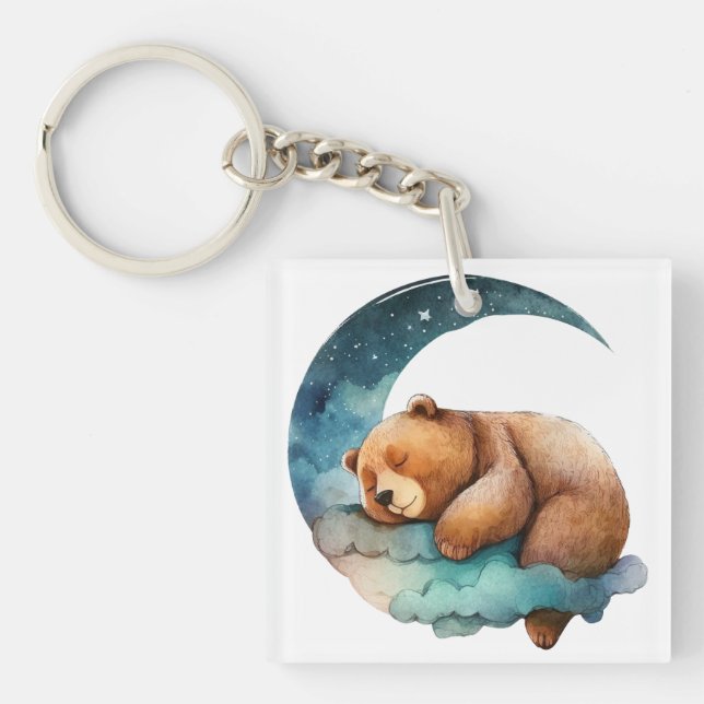Cute Teddy Bear Sleeping on the Crescent Moon Keychain (Front)