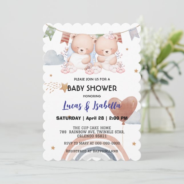 Cute teddy bear star balloon baby shower party  thank you card (Standing Front)