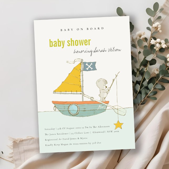 Cute Teddy Bear Star Sailboat Baby Shower Invite (Creator Uploaded)