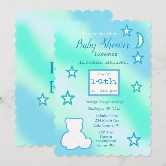 Cute Teddy Bear, Stars and Moon Blue and Green Invitation (Front/Back)