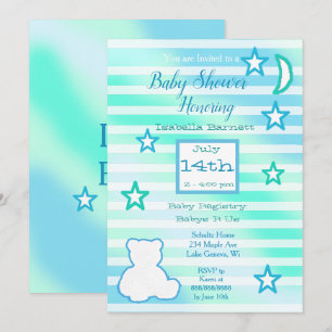 Cute Teddy Bear, Stars and Moon Blue and Green Invitation