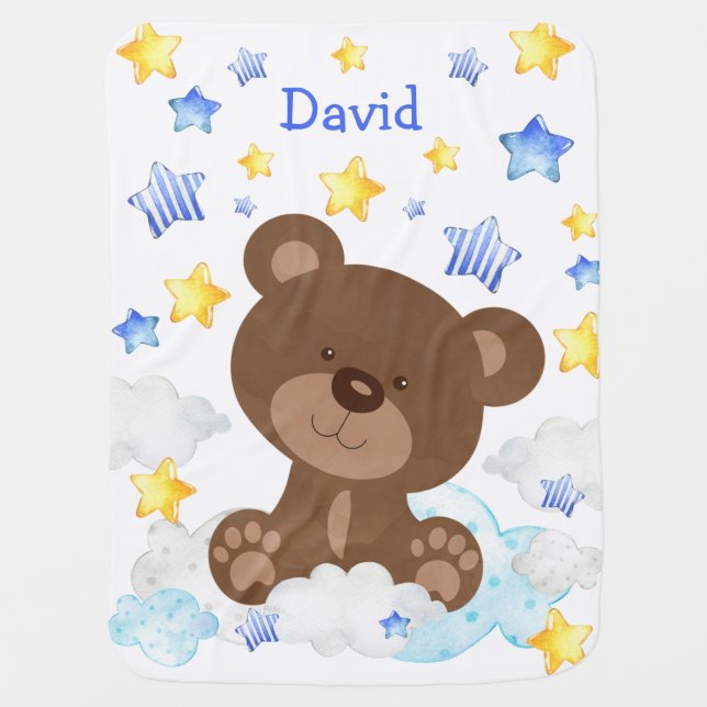 Cute Teddy Bear Stars Baby Boy Custom Name Blanket (Front)