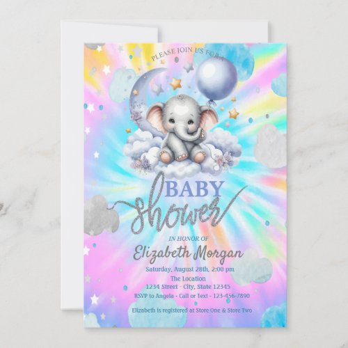 Cute Teddy Bear Stars Clouds Tie Dye Baby Shower  Invitation