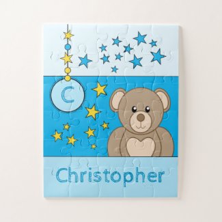 Cute teddy bear stars name blue jigsaw puzzle